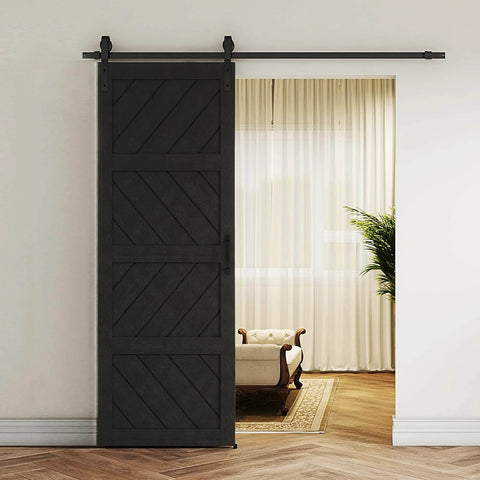 Sliding Barn Door 30x84 Inches Black With Modern Paneled Wave Design, Complete Barn Door Set, Waterproof PVC Surface
