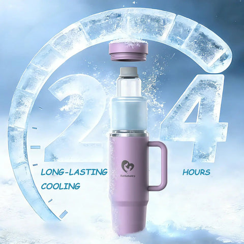 Portable Breast Milk Cooler With 24 Hour All Round Cooling And 18oz Bpa Free Container And 50oz Insulated Tumbler With Straw For On The Go Nursing Moms Keeping Fresh Stash Ice Cold On The Road with ice and cooling indicator.