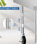 Close-up of Stainless Steel Equipment Stand 30 by 36 inches with under shelf, showcasing the adjustable shelf and caster wheel.