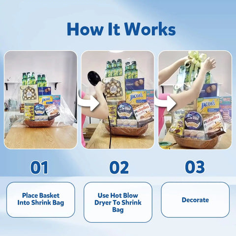 How It Works: Crystal Clear Heat Shrink Wrap Bags for Gift Baskets 24x30 Inches, 10 Pack Large Size, place basket and shrink with dryer