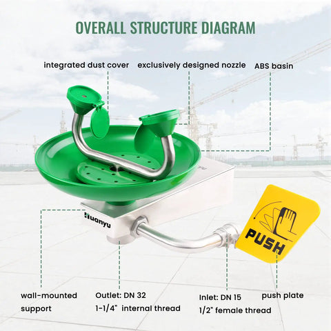 Emergency Wall Mount Eyewash Station OSHA Approved Rugged 304 Stainless Steel Plumbing Eyewash Unit With ABS Basin Diagram