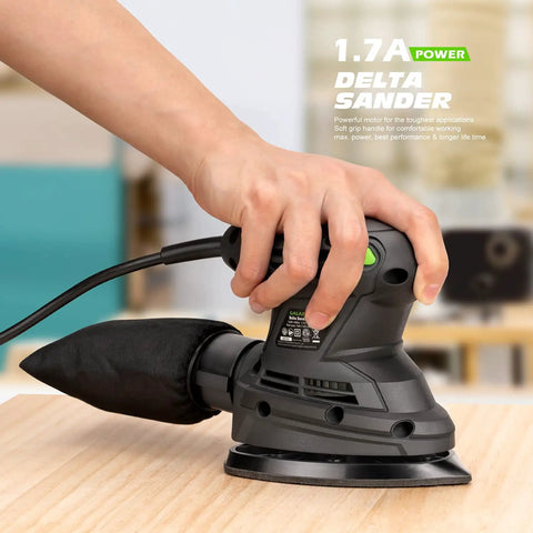 Detail Sander 1.7A 15000 OPM Compact Electric Sander in use on wood with Handy Dust Bag and Soft Grip Handle for easy finishing.