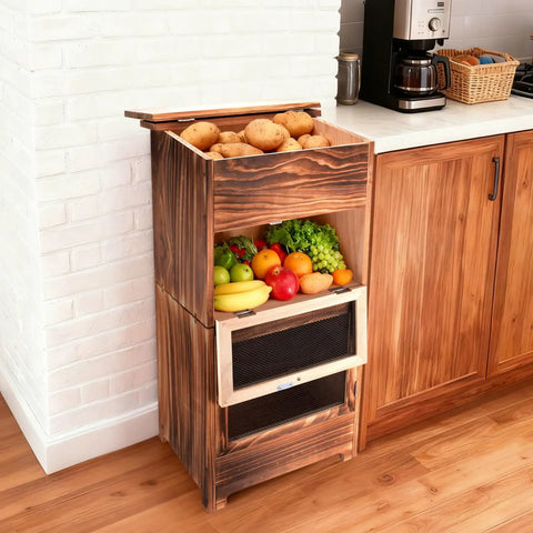 Two In One Wooden Potato And Onion Storage Bin With Lid And Mesh Doors Stackable Bread And Vegetable Cabinet For Kitchen Space