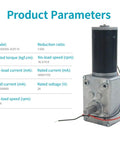 24V Turbo Worm Gear Motor With 15 RPM, 50Kg.cm Torque, 8mm Single Shaft shown with product parameters on white background