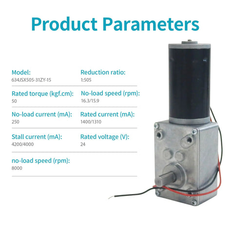 24V Turbo Worm Gear Motor With 15 RPM, 50Kg.cm Torque, 8mm Single Shaft shown with product parameters on white background