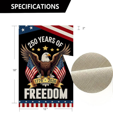 USA Proud 250th Anniversary Garden Flag Eagle Design Double Sided For Outdoor Display 12 By 18 Inches Yard Patio Garden 1776 2026 Commemorative Banner For Home Display showing bald eagle and flags