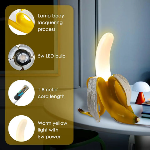 Dope Banana Table Lamp With LED Night Light, Modern Resin Banana Lighting Fixture, frosted acrylic shade on desk