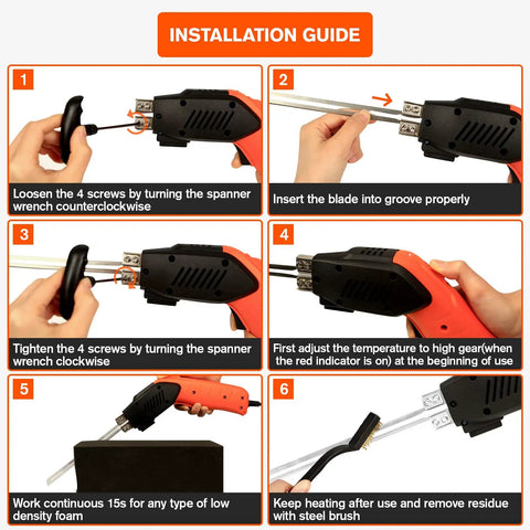 Installation guide for Rongter 200W Air-Cooled Electric Hot Knife Foam Cutter Tool with detailed steps.