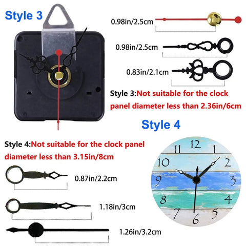 Two Pack No Tick Wall Clock Movements Kit With Five Short Hands, Battery Powered Quartz Mechanisms shown with styles 3 and 4