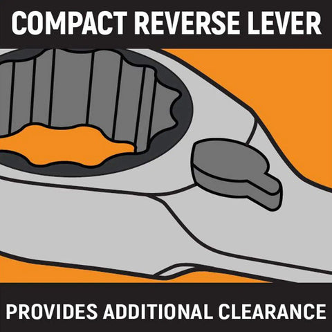 Illustration showing compact reverse lever on 8 Piece 72 Tooth 12 Point Reversible Ratcheting Wrench Set In SAE with text.