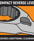 Illustration of 10 Piece 12 Point Flex Head Ratcheting SAE Wrench Set With Tool Roll, showcasing compact reverse lever detail.
