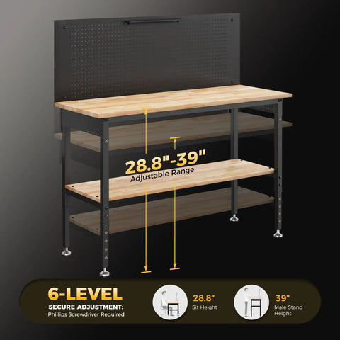 60 Inch Adjustable Height Work Bench With Storage Shelf And Pegboard LED Light And Built In Power Strip For Woodworking Shop