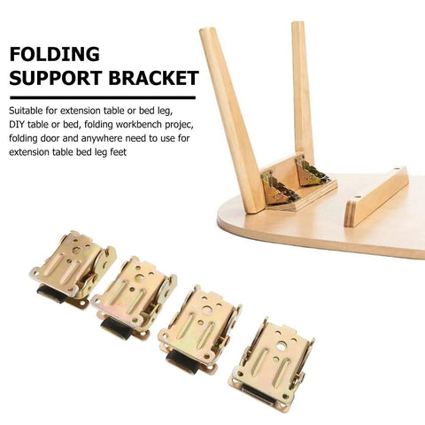 4 Piece Locking Extension Hinges Folding Brackets for Bed Legs and Table Legs in SPCC Metal shown with table
