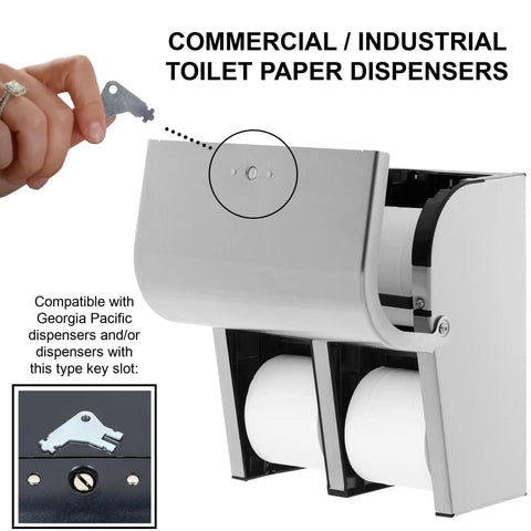 Using Three Pack GP Compatible Dispenser Keys for Commercial Paper Towel, Toilet Paper, and Soap Dispensers on a paper dispenser
