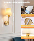 Battery Operated Wall Sconce Set of Two, Wireless Wall Lights with Remote, gold finish, fabric lampshade, mounted on wall