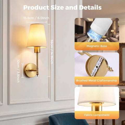Battery Operated Wall Sconce Set of Two, Wireless Wall Lights with Remote, gold finish, fabric lampshade, mounted on wall