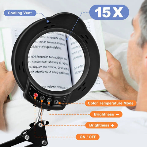 Person using 15X Lighted Magnifying Glass With Clamp Desk Lamp LED Magnifier For Reading And Close Work, showing controls