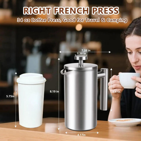 34 Oz Double Wall Stainless Steel French Press Coffee Maker With Insulated Brew System 1 Liter Capacity Serves 4 To 8 Cups Ergonomic Handle Food Grade And Dishwasher Safe Perfect For Kitchen Camping And Travel