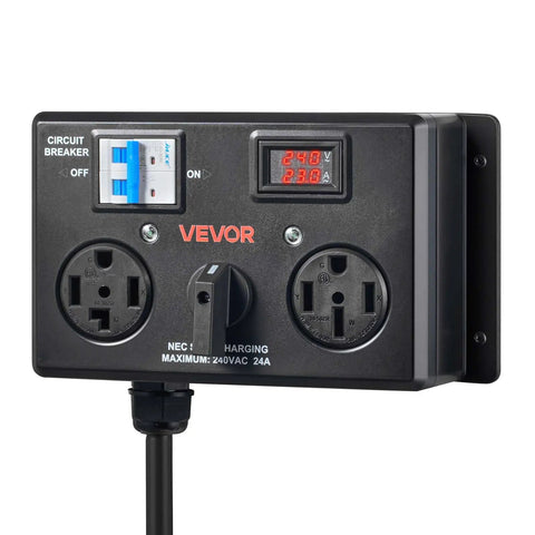 Handy Manual Ev Charger Switch That Plugs Right Into Nema 14 30 Or 14 50 Dryer Outlets For Level 2 Electric Vehicle Charging Up To 24 Amps At 240 Volts With Built In Circuit Breaker. Close-up view of the electrical panel.