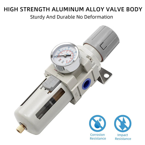 Industrial Air Compressor Filter Regulator Combo 3/8 Inch NPT 0-150 PSI with metal housing and gauge
