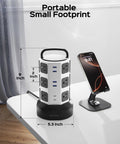 10ft Power Strip Tower Surge Protector With 13A, 12 Outlets And 6 USB Ports on desk next to phone stand, retractable cord visible