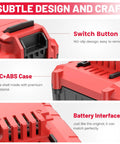 Close-up of Badass 20V 8.0 Ah Lithium Ion Battery Pack for Porter Cable showing switch button and battery interface.