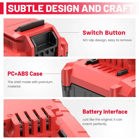 Close-up of Badass 20V 8.0 Ah Lithium Ion Battery Pack for Porter Cable showing switch button and battery interface.