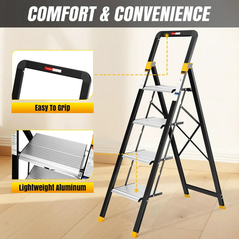Aluminum 4 Step Folding Ladder For Home And Kitchen Portable Space Saving Step Stool With Wide Anti Slip Steps Lightweight 14 Pounds Folds To 55 By 17 By 1.8 Inches For Easy Storage And Safe Everyday Use, black aluminum 4-step folding ladder with wide steps