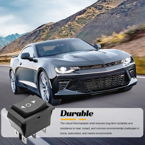 Heavy Duty Six Pin Car Polarity Reverse Switch With No Sweat Wiring Quick Swap Momentary Motor Rocker Toggle Controller For Suv Rv Trucks Built Solid For Long Haul Rides, shown in automotive setting with sleek car background.