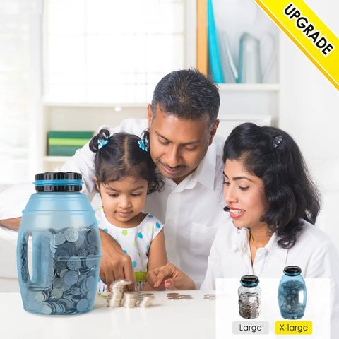 Family using Ultra Large Digital Coin Bank With LCD Counter For All US Coins, 2.8L Capacity Money Jar, Blue