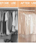 Clear Plastic Garment Bags For Hanging Clothes 90 Pack Heavy Duty Breathable PEVA Dry Cleaning Bags 24x35 Inches 60x90 Cm Water Resistant Cover For Dresses Suits Coats And More showcasing before and after use in closet.