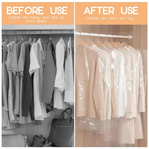 Clear Plastic Garment Bags For Hanging Clothes 90 Pack Heavy Duty Breathable PEVA Dry Cleaning Bags 24x35 Inches 60x90 Cm Water Resistant Cover For Dresses Suits Coats And More showcasing before and after use in closet.