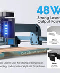 48W laser engraver showing cutting capabilities on wood, metal, and acrylic with automated air assist for precise DIY projects