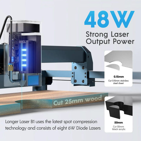 48W laser engraver showing cutting capabilities on wood, metal, and acrylic with automated air assist for precise DIY projects