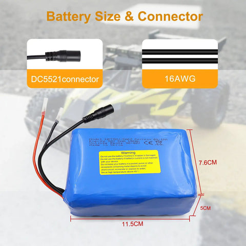 36V 5Ah Rechargeable Li-ion Battery Pack With Built-In 10A BMS, charger and cables, highlighting size and connectors, 11.5x7.6x5 cm.