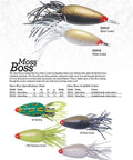 Moss Boss fishing lures in various colors and sizes with descriptions and specifications shown against a light backdrop.