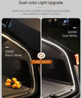 Dual Color Trunk LED Light Strip For Tesla Model Y 2025 2026 Juniper Edition showing 3000K warm and 6000K cool white lighting options