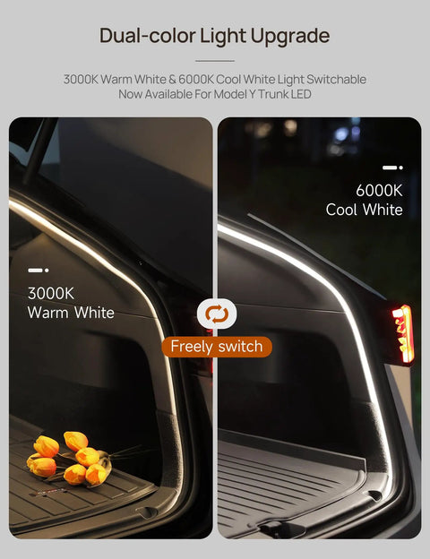 Dual Color Trunk LED Light Strip For Tesla Model Y 2025 2026 Juniper Edition showing 3000K warm and 6000K cool white lighting options
