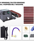 Versatile Wet Dry Belt Sander With Water Attachment For Minimal Dust Grinding And Polishing Metal Wood Plastic Acrylic Stone Adjustable Speed Up To 13000Rpm Includes Ten Abrasive Belts For Precision DIY Projects And Professional Finishing Tasks with digital display and red abrasive belt.