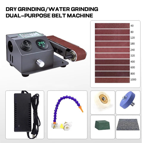 Versatile Wet Dry Belt Sander With Water Attachment For Minimal Dust Grinding And Polishing Metal Wood Plastic Acrylic Stone Adjustable Speed Up To 13000Rpm Includes Ten Abrasive Belts For Precision DIY Projects And Professional Finishing Tasks with digital display and red abrasive belt.