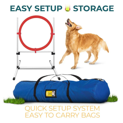 Dog Agility Training Set With 4 Piece Obstacle Course Including Jump Bar Tire Jump Pause Box And Weave Poles Plus Carrying Case