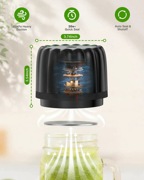 Mason Jar Vacuum Sealer Kit Cordless Auto Stop With 10 Lids, shown sealing a jar with dimensions and features labeled.