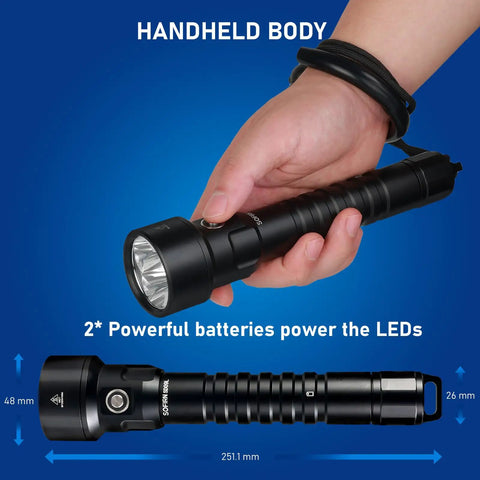 Beast Mode Bright Scuba Dive Flashlight With 6800 Lumens For Deep Night Dives And Cave Explorations in hand showing size and build.