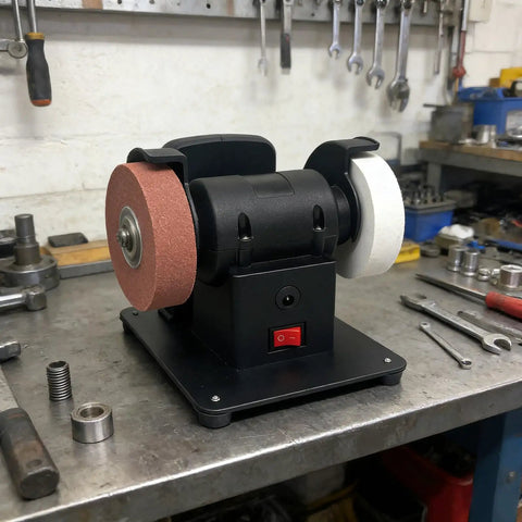 Heavy Duty Bench Grinder With Debris Guard And Anti Slip Base For 18V Lithium Batteries on a workshop table, compact and stable design.
