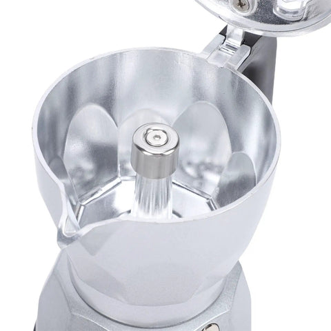 Open view of the Electric Moka Pot 3 Cup Aluminum Coffee Maker With Detachable Base, showing the interior and stem.