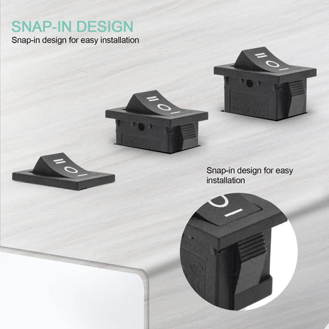 Beefy 5 Piece On Off On Boat Toggle Rocker Switch Set Black Marine Grade Panel Mount Waterproof Electrical Switches For Boats And Marine Electronics Easy Wiring Durable Build Replacement Boat Switches snap-in black rocker switch close-up