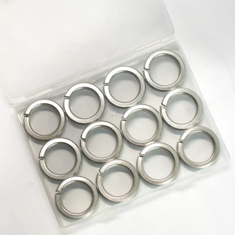 Rock Solid 7/8 Inch Spring Lock Washers 20 Pack 304 Stainless Steel Split Lock Fasteners in clear container.