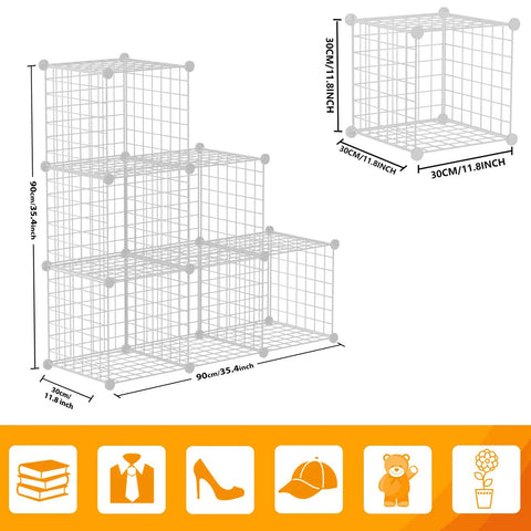 Wire Cube Storage Organizer Freely Configurable 20-Cube Grid Shelving System with dimensions and icons of items.