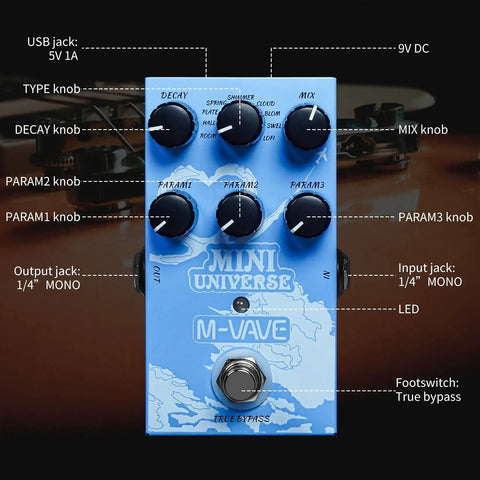 Dope Compact Guitar Reverb Pedal With 9 Digital Effects for Electric Bass and Acoustic Guitars, blue metal enclosure, knobs labeled.