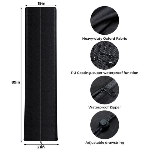 Heavy Duty Patio Heater Cover Built From Oxford Fabric Weather Resistant Waterproof Dust Proof Snow Proof Wind Proof With Zipper And Storage Bag Pyramid Style showing dimensions, fabric detail, waterproof zipper, and drawstring.
